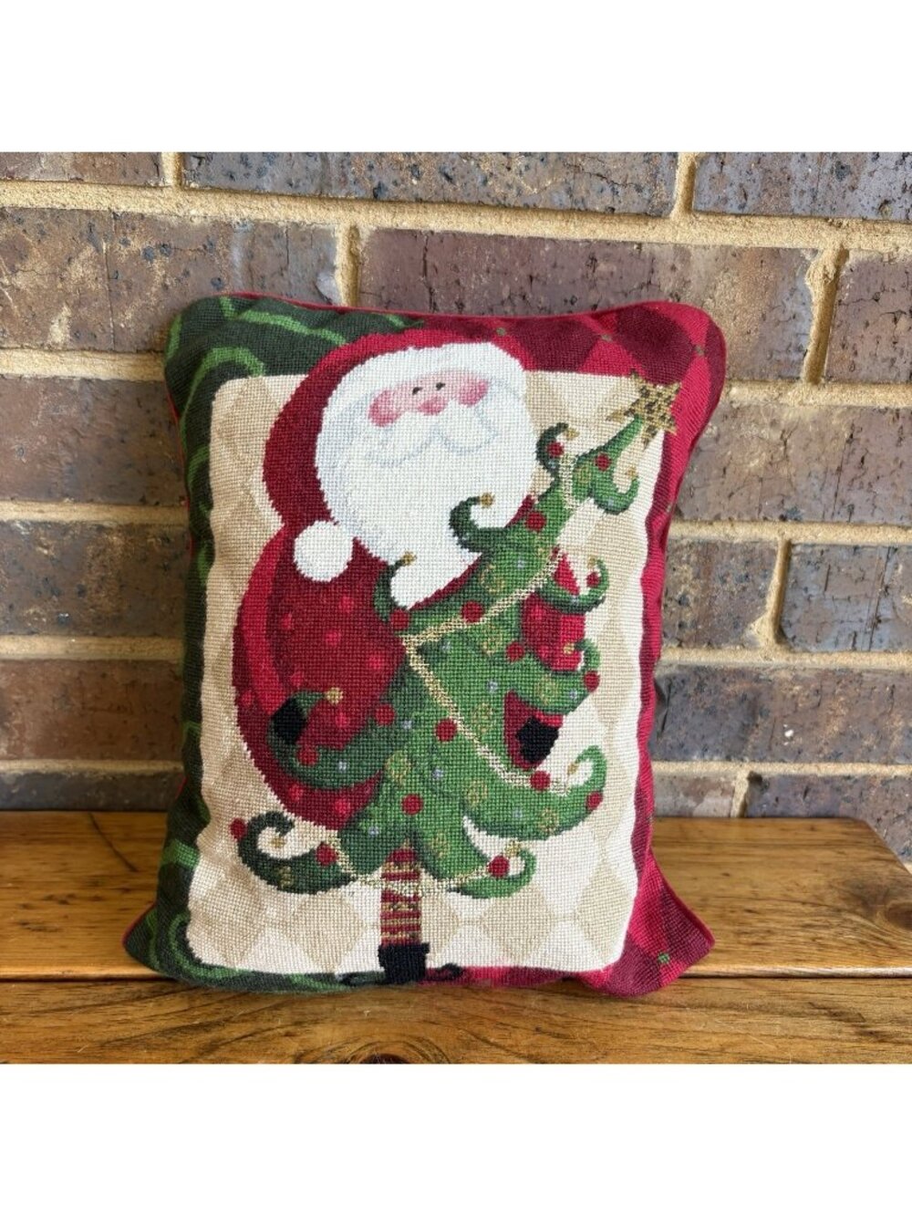 Vintage Christmas Santa Wool Needlepoint Throw Pillow 14x11 in. Velvet Back